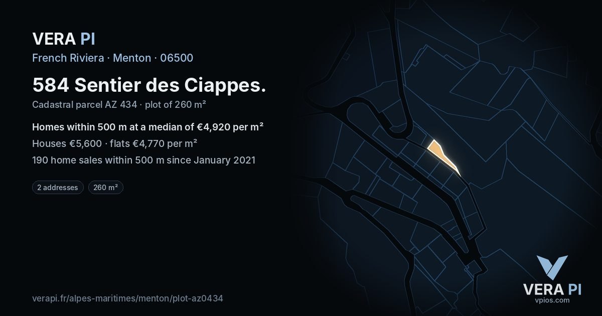 584 Sentier des Ciappes, Menton at night – the plot lit, the parcels around coloured by the prices near them
