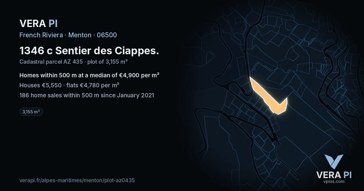 1346 c Sentier des Ciappes, Menton at night – the plot lit, the parcels around coloured by the prices near them