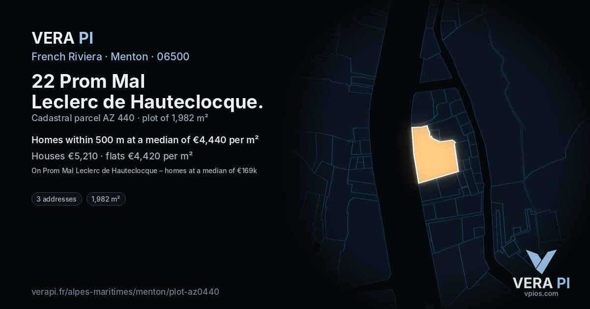 22 Prom Mal Leclerc de Hauteclocque, Menton at night – the plot lit, the parcels around coloured by the prices near them