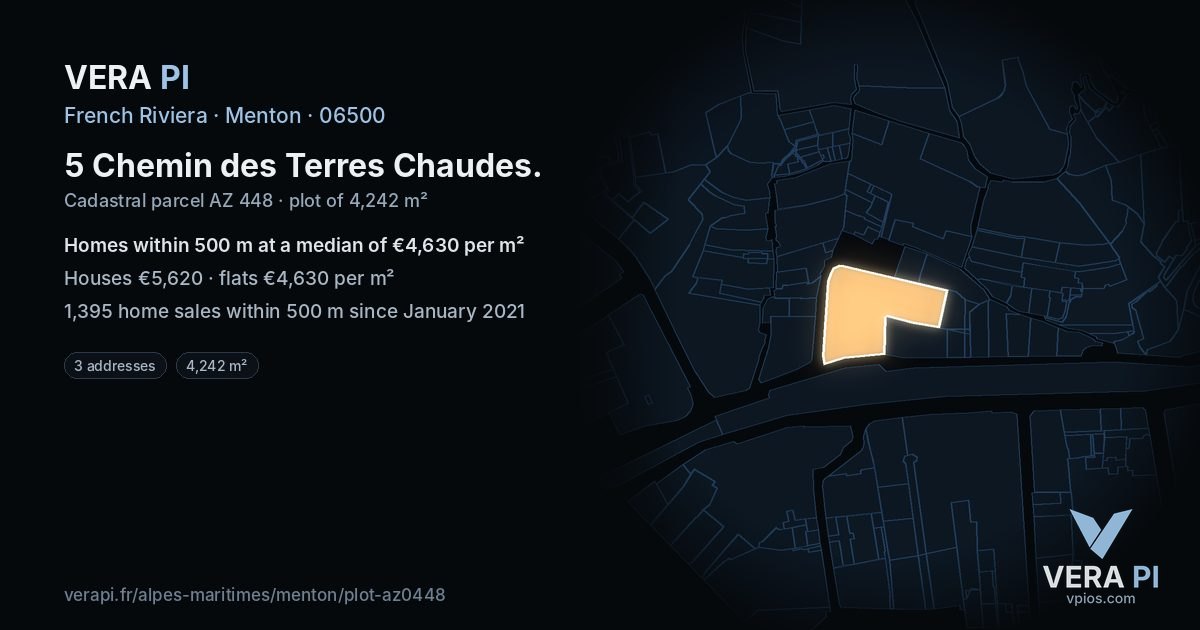 5 Chemin des Terres Chaudes, Menton at night – the plot lit, the parcels around coloured by the prices near them