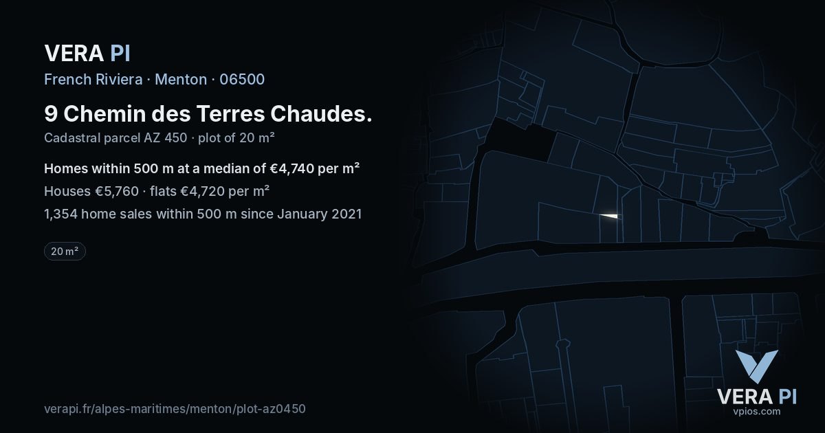 9 Chemin des Terres Chaudes, Menton at night – the plot lit, the parcels around coloured by the prices near them
