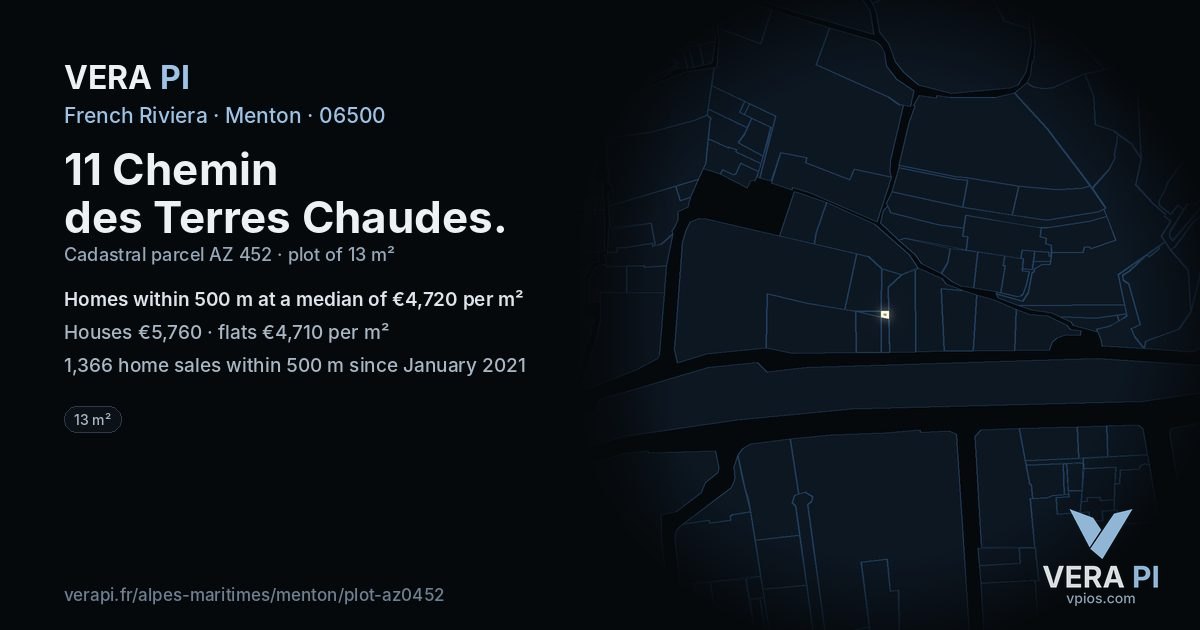11 Chemin des Terres Chaudes, Menton at night – the plot lit, the parcels around coloured by the prices near them