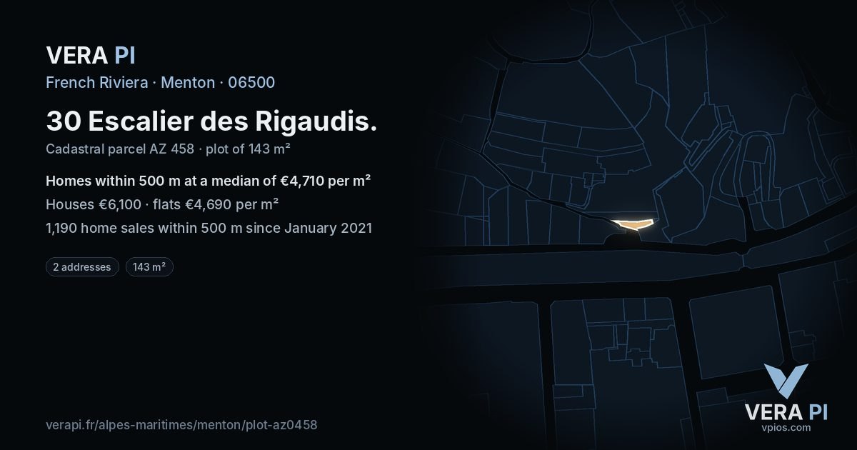 30 Escalier des Rigaudis, Menton at night – the plot lit, the parcels around coloured by the prices near them