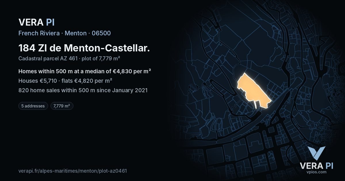 184 ZI de Menton-Castellar, Menton at night – the plot lit, the parcels around coloured by the prices near them