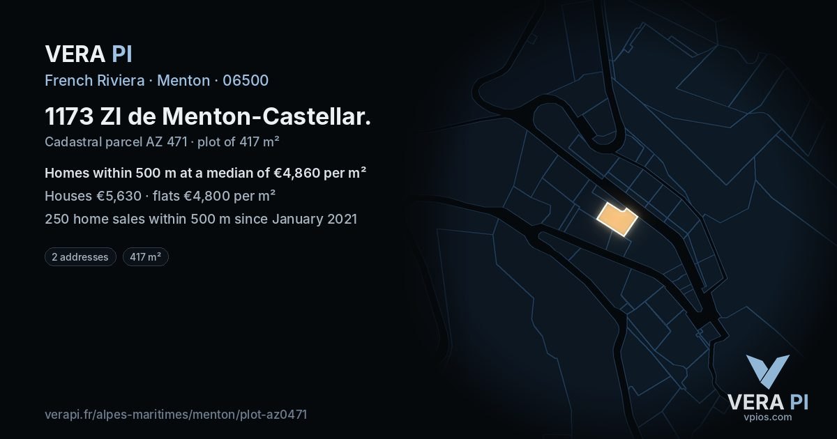 1173 ZI de Menton-Castellar, Menton at night – the plot lit, the parcels around coloured by the prices near them
