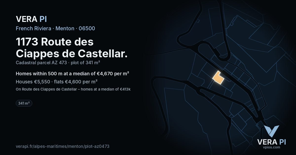 1173 Route des Ciappes de Castellar, Menton at night – the plot lit, the parcels around coloured by the prices near them