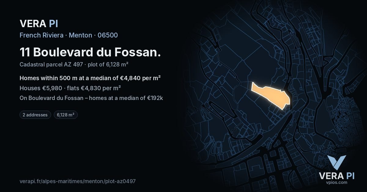 11 Boulevard du Fossan, Menton at night – the plot lit, the parcels around coloured by the prices near them