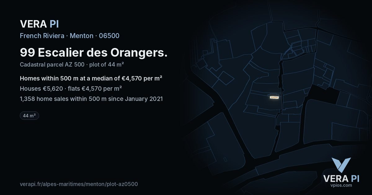 99 Escalier des Orangers, Menton at night – the plot lit, the parcels around coloured by the prices near them