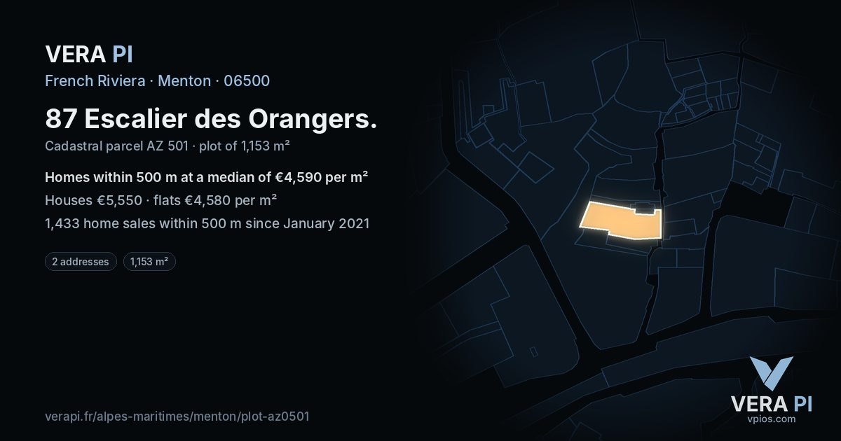 87 Escalier des Orangers, Menton at night – the plot lit, the parcels around coloured by the prices near them