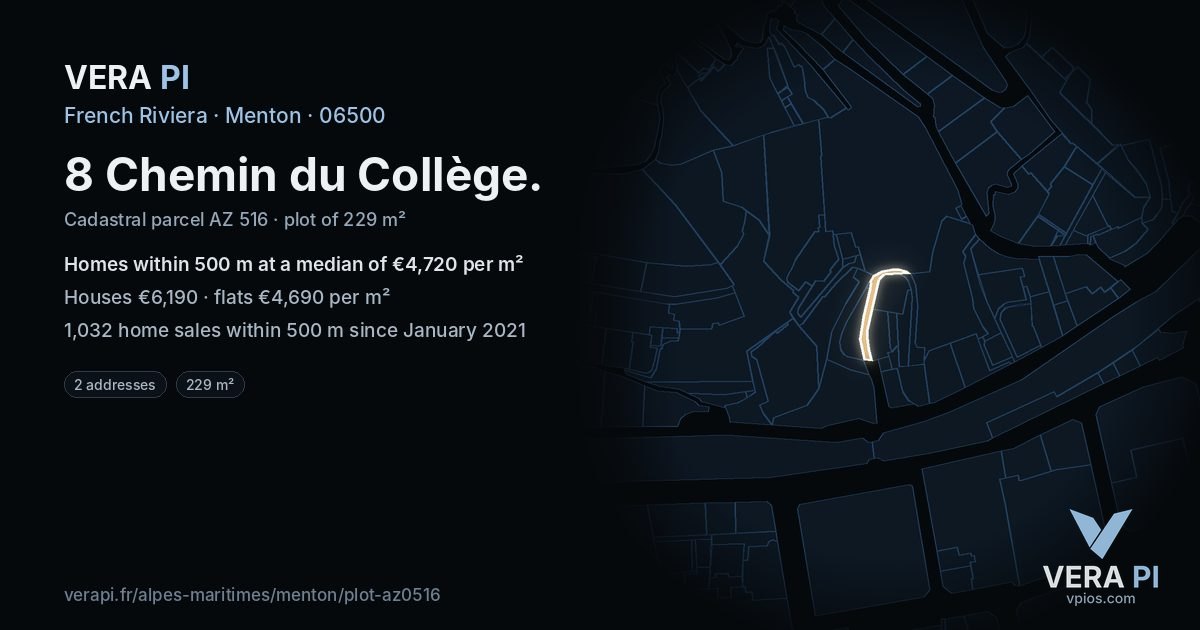 8 Chemin du Collège, Menton at night – the plot lit, the parcels around coloured by the prices near them
