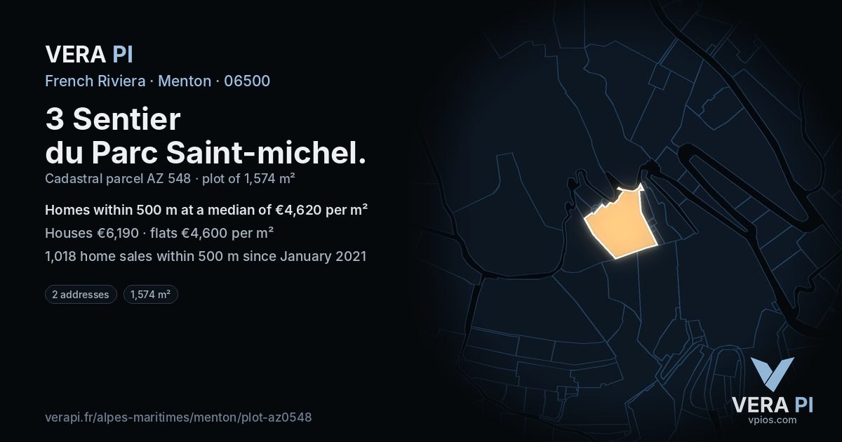 3 Sentier du Parc Saint-michel, Menton at night – the plot lit, the parcels around coloured by the prices near them