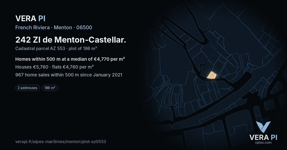 242 ZI de Menton-Castellar, Menton at night – the plot lit, the parcels around coloured by the prices near them