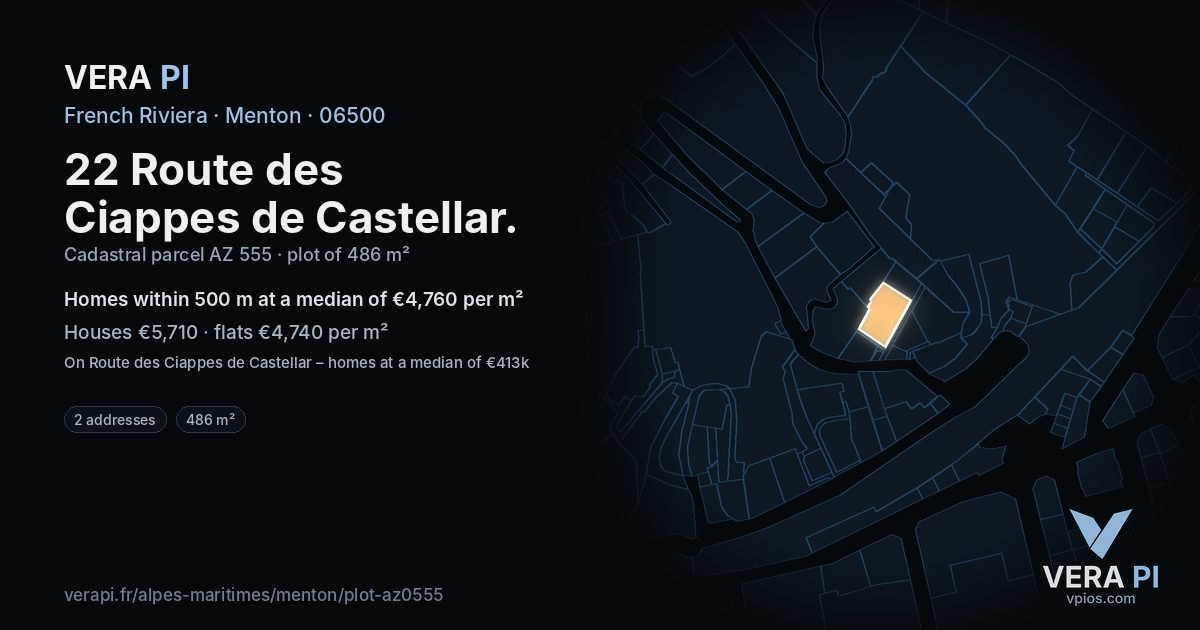 22 Route des Ciappes de Castellar, Menton at night – the plot lit, the parcels around coloured by the prices near them