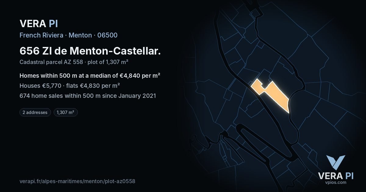 656 ZI de Menton-Castellar, Menton at night – the plot lit, the parcels around coloured by the prices near them
