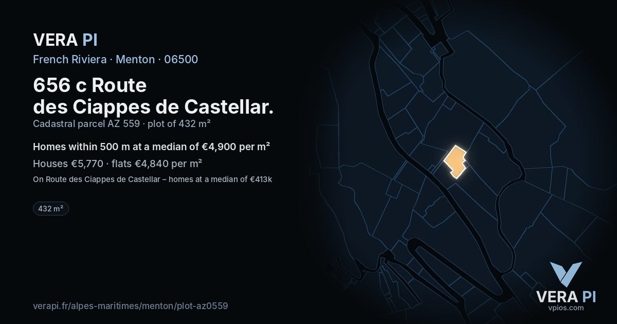 656 c Route des Ciappes de Castellar, Menton at night – the plot lit, the parcels around coloured by the prices near them