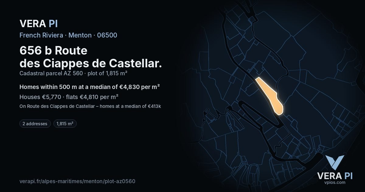 656 b Route des Ciappes de Castellar, Menton at night – the plot lit, the parcels around coloured by the prices near them