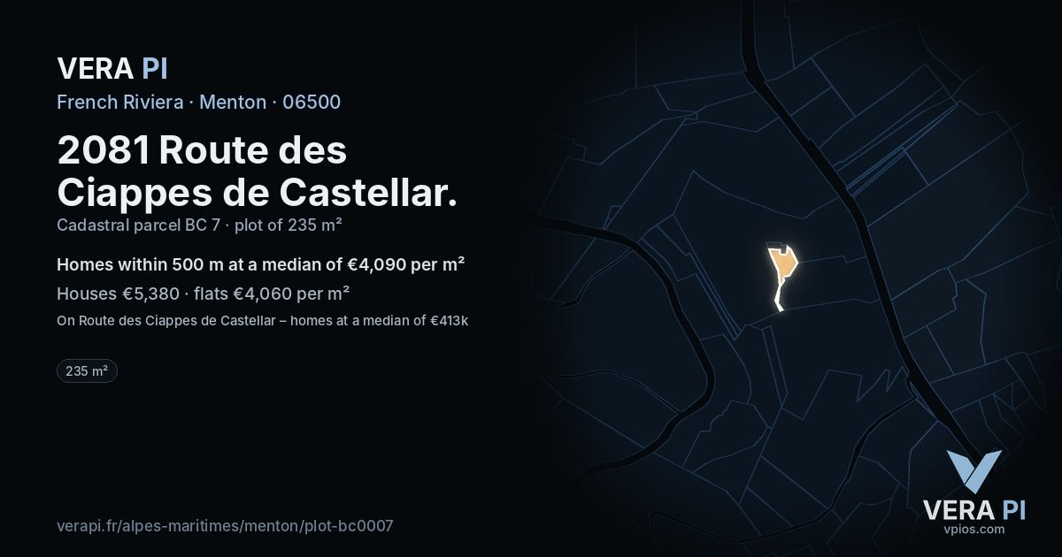 2081 Route des Ciappes de Castellar, Menton at night – the plot lit, the parcels around coloured by the prices near them