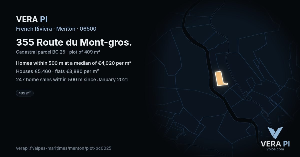 355 Route du Mont-gros, Menton at night – the plot lit, the parcels around coloured by the prices near them