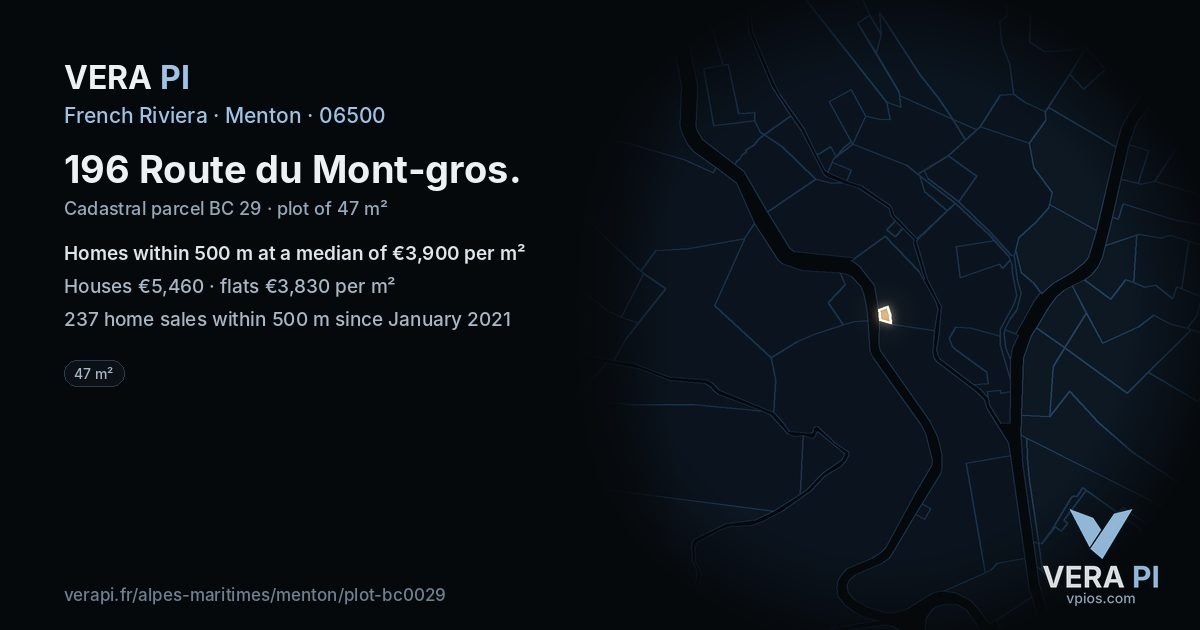 196 Route du Mont-gros, Menton at night – the plot lit, the parcels around coloured by the prices near them