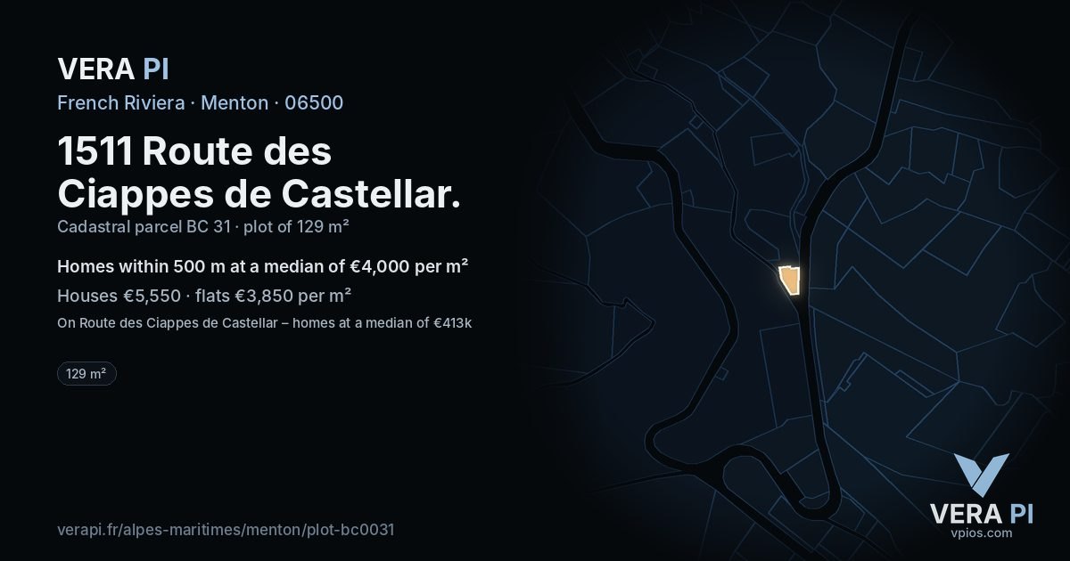 1511 Route des Ciappes de Castellar, Menton at night – the plot lit, the parcels around coloured by the prices near them