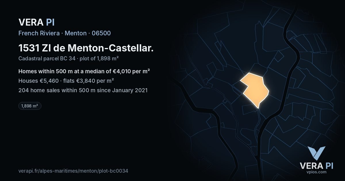1531 ZI de Menton-Castellar, Menton at night – the plot lit, the parcels around coloured by the prices near them