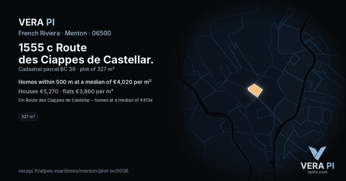 1555 c Route des Ciappes de Castellar, Menton at night – the plot lit, the parcels around coloured by the prices near them
