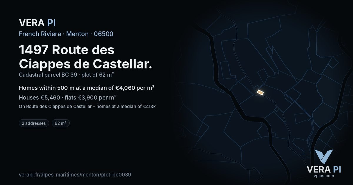 1497 Route des Ciappes de Castellar, Menton at night – the plot lit, the parcels around coloured by the prices near them