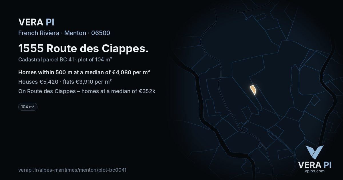 1555 Route des Ciappes, Menton at night – the plot lit, the parcels around coloured by the prices near them