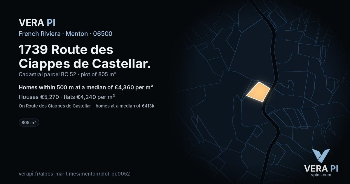 1739 Route des Ciappes de Castellar, Menton at night – the plot lit, the parcels around coloured by the prices near them