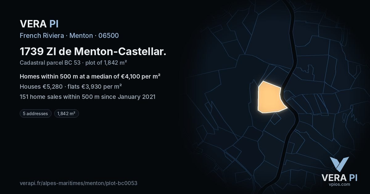 1739 ZI de Menton-Castellar, Menton at night – the plot lit, the parcels around coloured by the prices near them