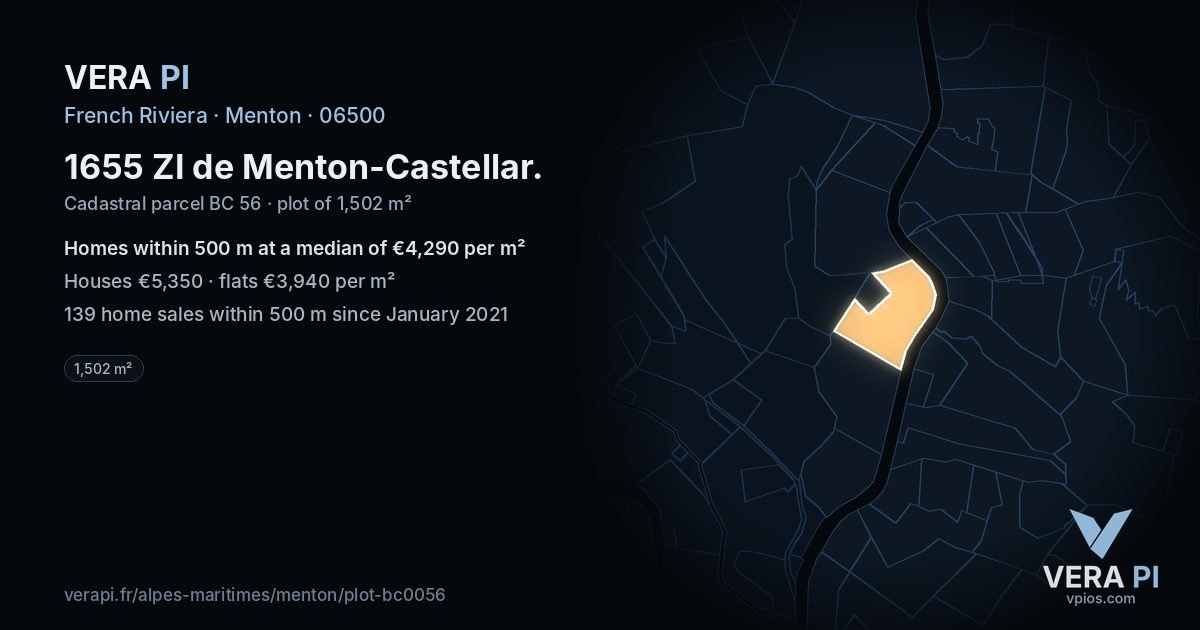 1655 ZI de Menton-Castellar, Menton at night – the plot lit, the parcels around coloured by the prices near them