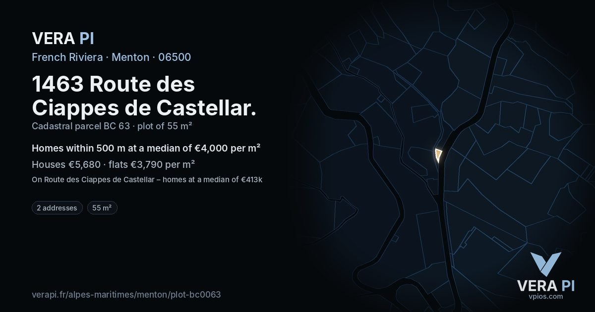 1463 Route des Ciappes de Castellar, Menton at night – the plot lit, the parcels around coloured by the prices near them