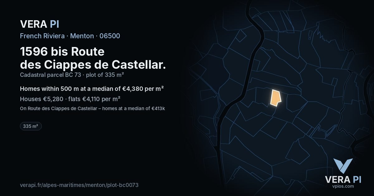 1596 bis Route des Ciappes de Castellar, Menton at night – the plot lit, the parcels around coloured by the prices near them