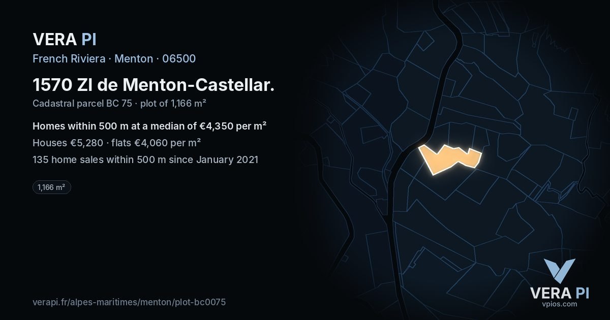1570 ZI de Menton-Castellar, Menton at night – the plot lit, the parcels around coloured by the prices near them