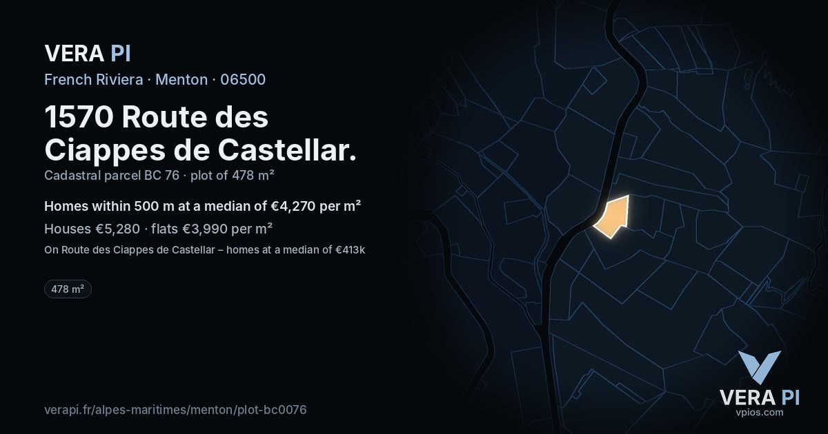 1570 Route des Ciappes de Castellar, Menton at night – the plot lit, the parcels around coloured by the prices near them