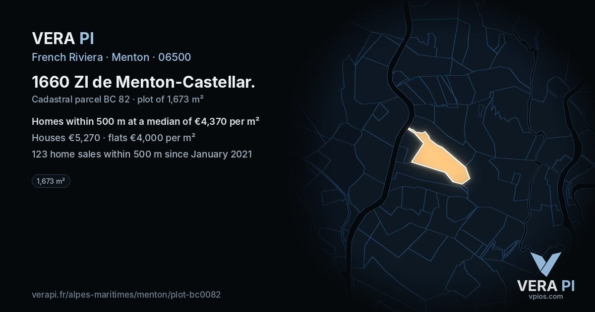 1660 ZI de Menton-Castellar, Menton at night – the plot lit, the parcels around coloured by the prices near them