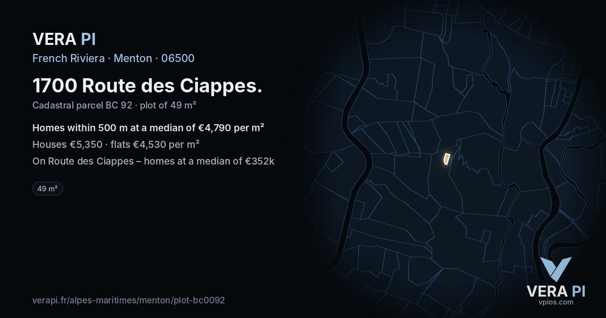 1700 Route des Ciappes, Menton at night – the plot lit, the parcels around coloured by the prices near them