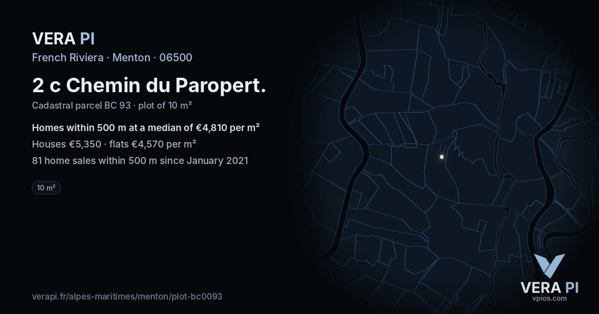 2 c Chemin du Paropert, Menton at night – the plot lit, the parcels around coloured by the prices near them