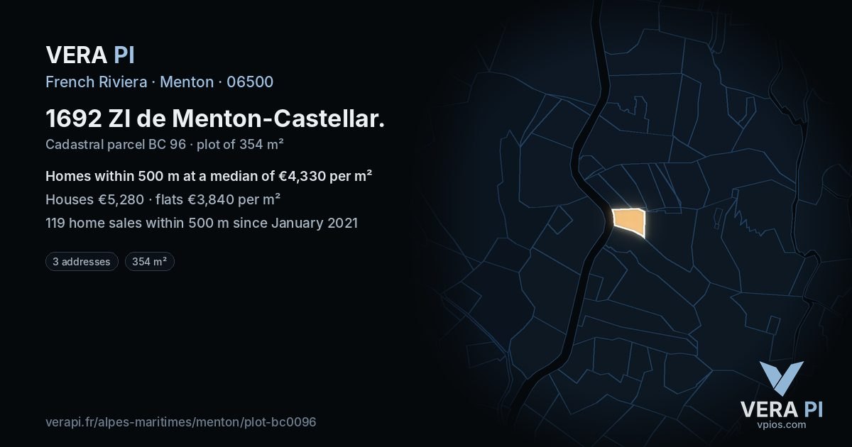 1692 ZI de Menton-Castellar, Menton at night – the plot lit, the parcels around coloured by the prices near them