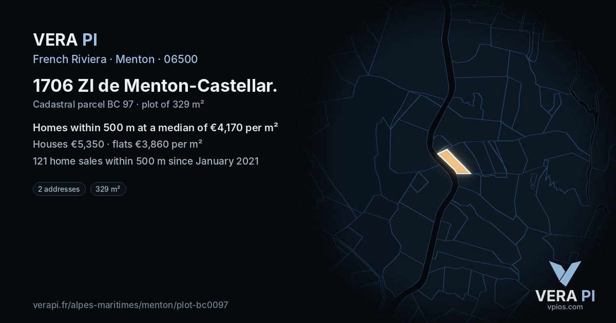 1706 ZI de Menton-Castellar, Menton at night – the plot lit, the parcels around coloured by the prices near them