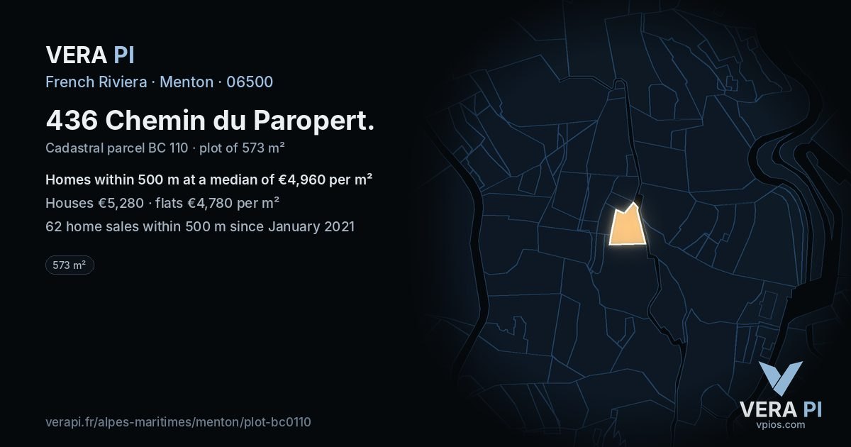 436 Chemin du Paropert, Menton at night – the plot lit, the parcels around coloured by the prices near them