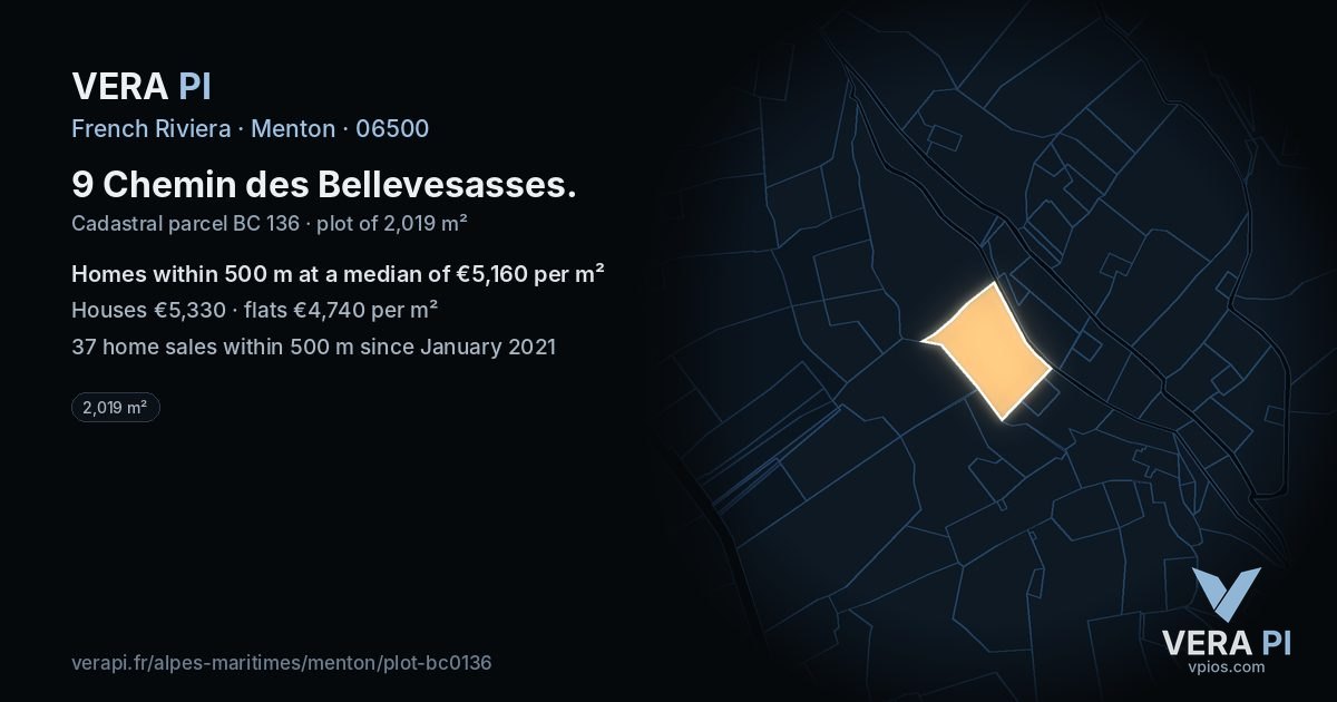 9 Chemin des Bellevesasses, Menton at night – the plot lit, the parcels around coloured by the prices near them