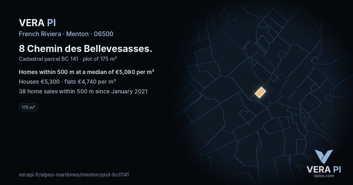8 Chemin des Bellevesasses, Menton at night – the plot lit, the parcels around coloured by the prices near them