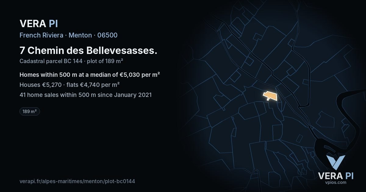 7 Chemin des Bellevesasses, Menton at night – the plot lit, the parcels around coloured by the prices near them