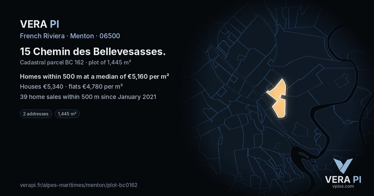 15 Chemin des Bellevesasses, Menton at night – the plot lit, the parcels around coloured by the prices near them