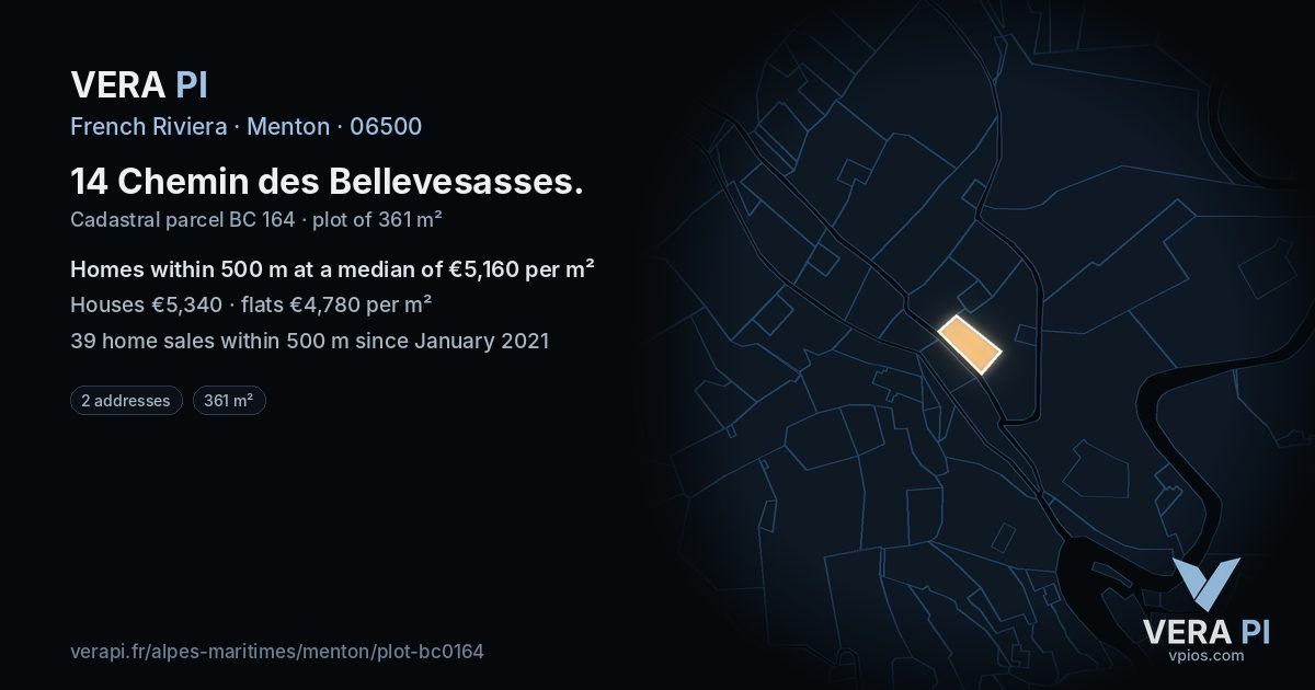 14 Chemin des Bellevesasses, Menton at night – the plot lit, the parcels around coloured by the prices near them