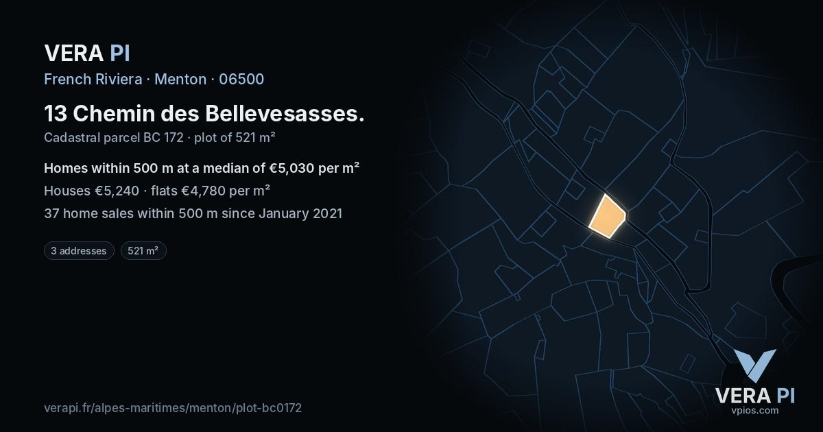 13 Chemin des Bellevesasses, Menton at night – the plot lit, the parcels around coloured by the prices near them