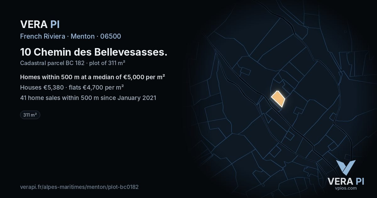 10 Chemin des Bellevesasses, Menton at night – the plot lit, the parcels around coloured by the prices near them