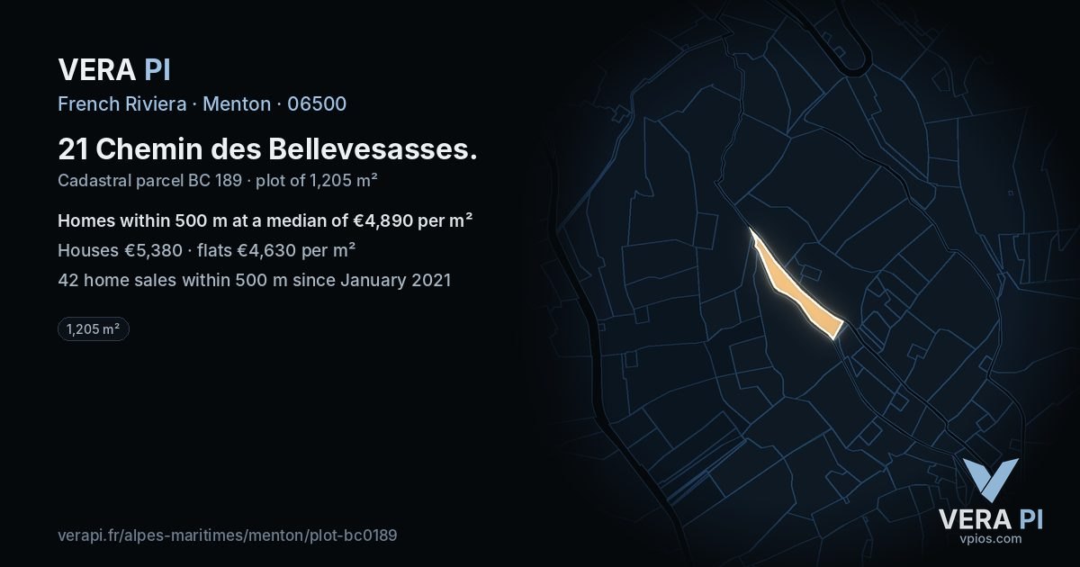 21 Chemin des Bellevesasses, Menton at night – the plot lit, the parcels around coloured by the prices near them