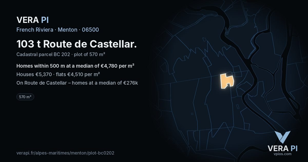 103 t Route de Castellar, Menton at night – the plot lit, the parcels around coloured by the prices near them